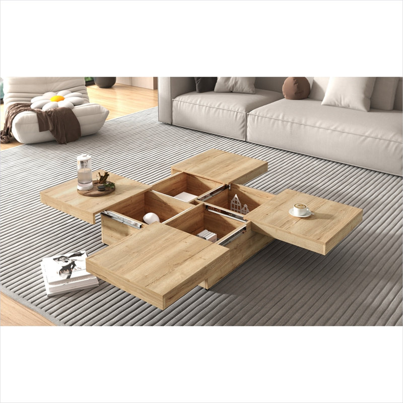 Table basse avec plateau coulissant et rangement caché, placage en bois de ton naturel de 39,4 pouces carrés