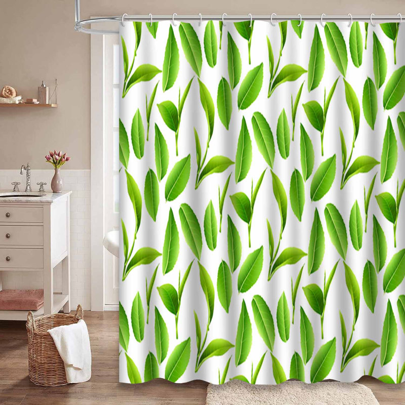 Rideau de douche vert à feuilles naturelles avec 12 crochets Tea Leaves, L 72 po x l 84 po