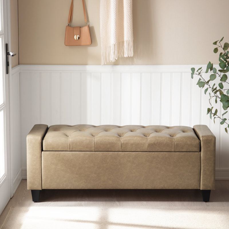 48.8" W Faux Leather Upholstered Storage Bench, Khaki