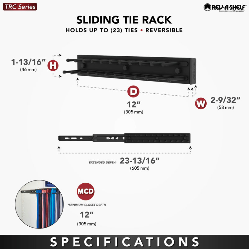 Sliding Tie Rack For Custom Closet Systems, 1.88" H x 2.5" W x 12" D