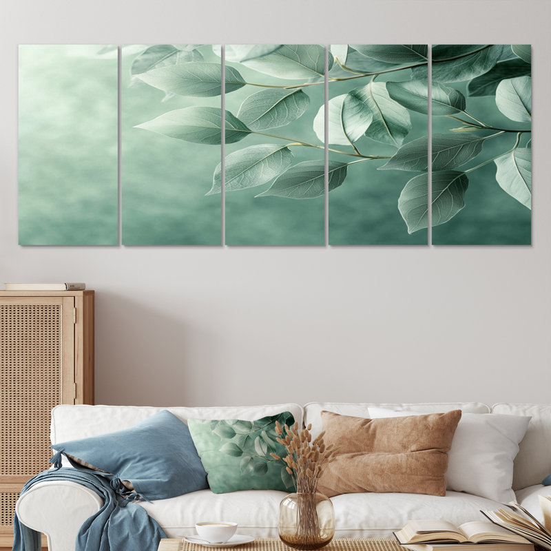 Feuilles de jade monochrome Lus Layers I - art mural jade - ensemble d'art mural traditionnel, H 28 po x l 60 po, 5