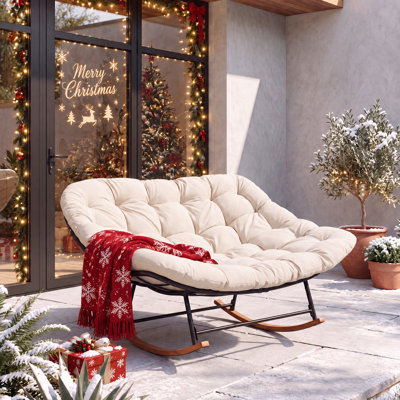 Outdoor Reclining Rocking Loveseat with Thick 4.7" Beige Cushions for Patio and Porch Relaxation