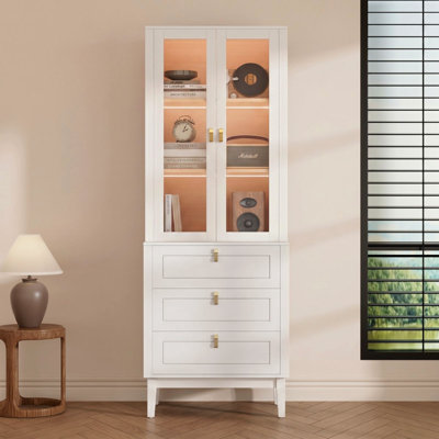 71" H Pantry Cabinet With LED Lights,Freestanding Bookcase With Glass Doors, Modern White Storage Shelf For Living Room And Kitchen