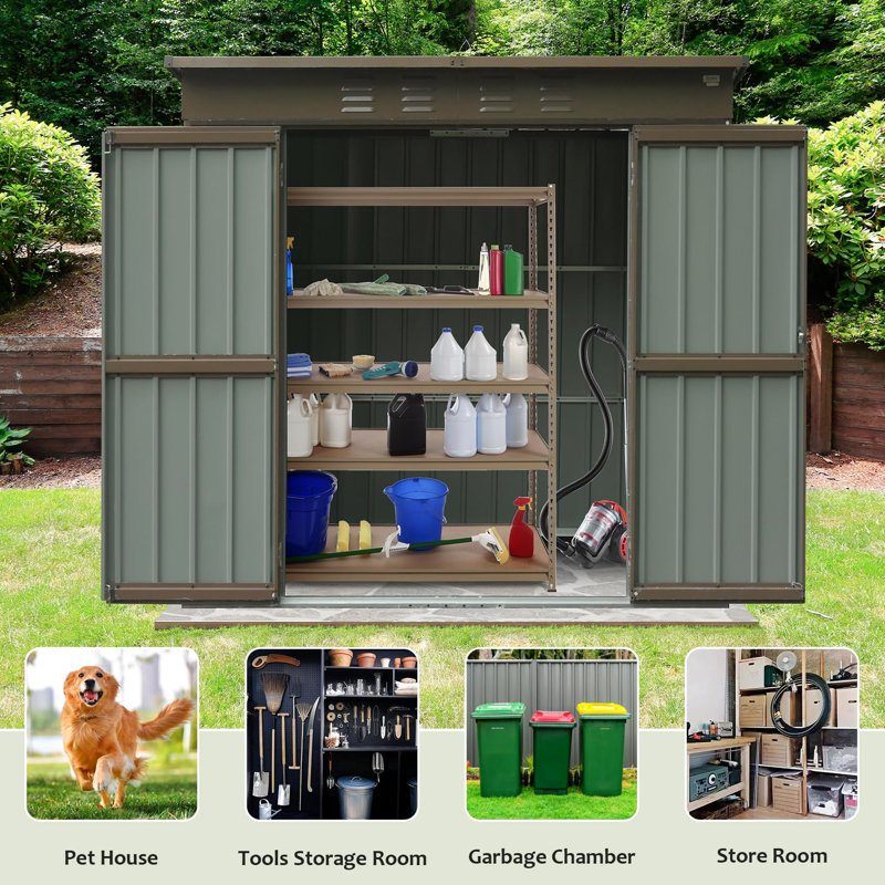 Remise de rangement pour pelouse 6 pi x 4 pi - Métal, double porte verrouillable, imperméable, toit incliné, ventilation pour jardin