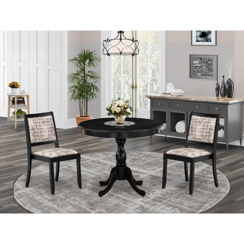 3 Piece Dining Set Includes a Round Kitchen Table with Wire Brushed Black Tabletop & 2 Stackable Polyester Fabric Chairs, Wire Brushed Black