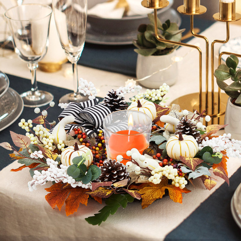 Couronne d'automne 20 po avec nœud écossais blanc