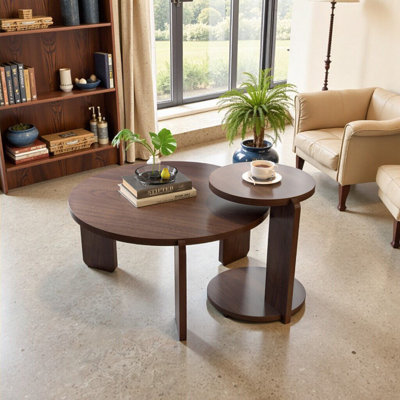 Round Nesting Wood Coffee Table Set Of 2 With Walnut Veneer Top For Living Room
