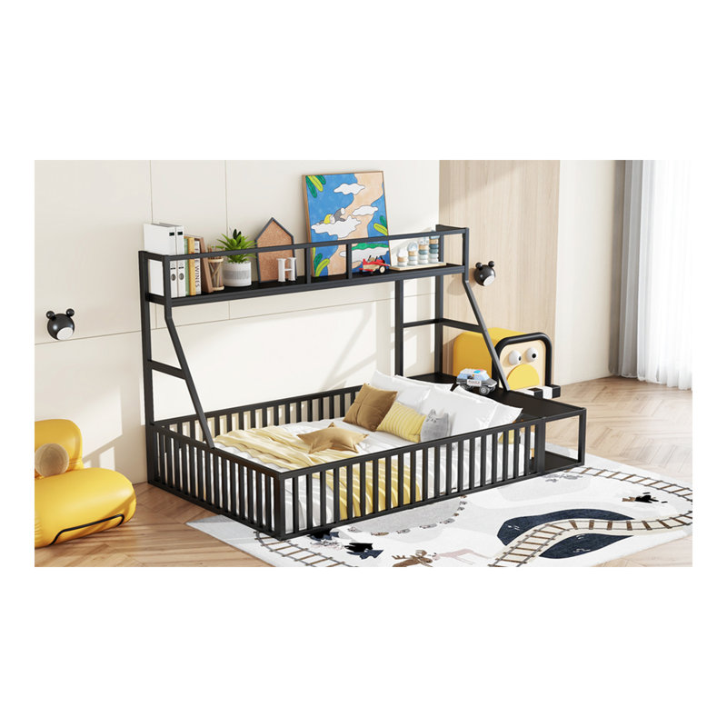 Structure de lit double avec clôture de sécurité, lit en métal avec bureau et tablettes de rangement, maisonnette pour enfants, noir
