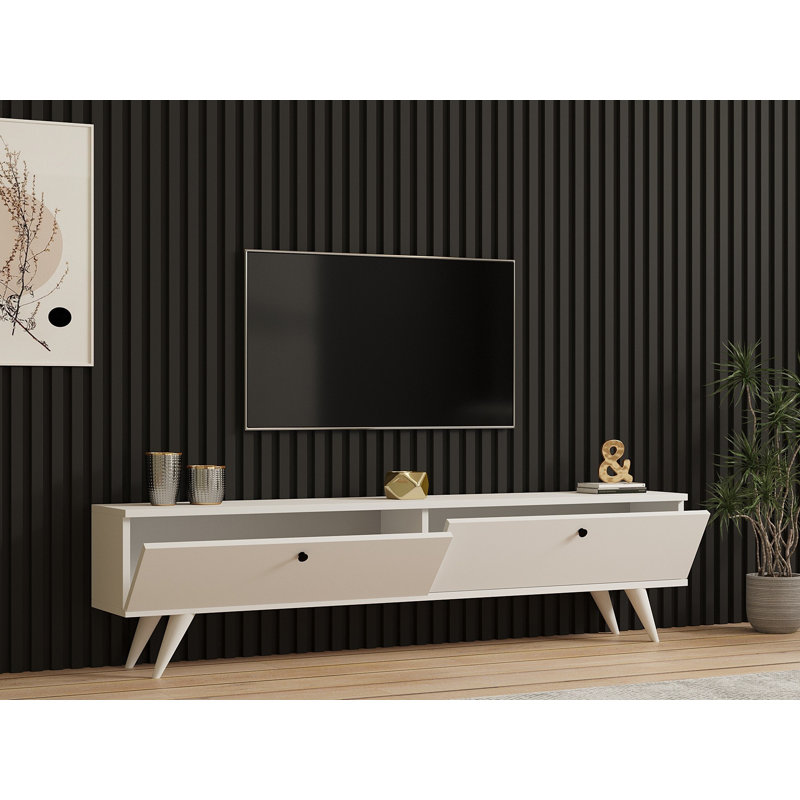 Modern White TV Stand, 63.0 x 15.7 x 15.7 inches | 100% Melamine Coated Particle Board, Thickness: 0.7 inches | Multiple Shelves, Additional Storage, Plastic Legs | Scandinavian Design for Contemporary Living Rooms