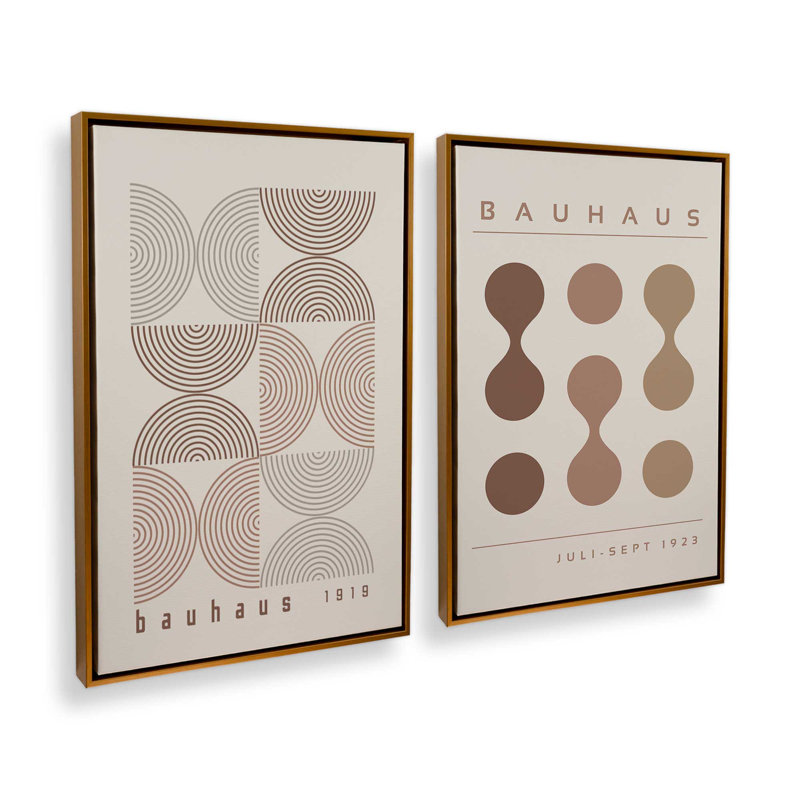 Bauhaus Flow and Composition en brun I, ensemble de 2, Cadre flottant or poli, H 31 po x l 42 po