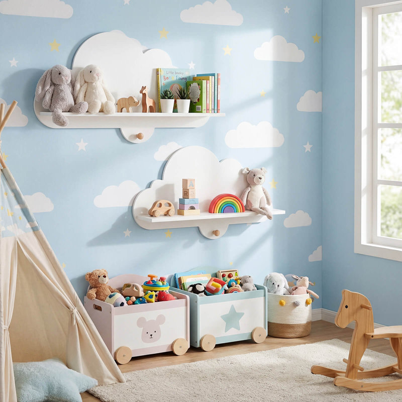 2 tablettes flottantes en nuage avec crochets en bois massif, jolies tablettes d'angle blanches