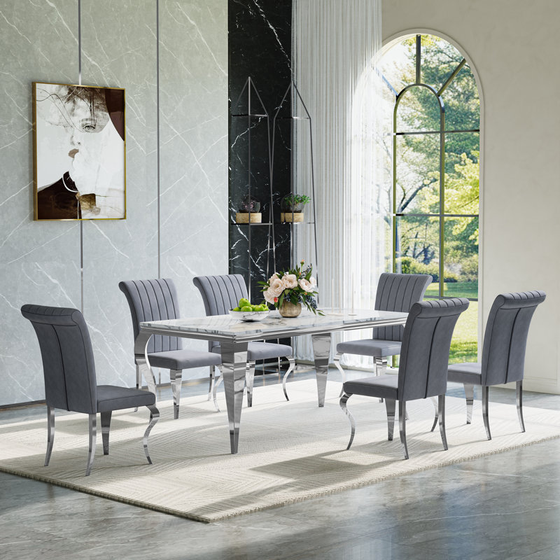 Dining Set with Faux Marble Tabletop and Upholstered Chairs, 7 Pieces: Table, 6 Chairs, Silver/Gray/Silver