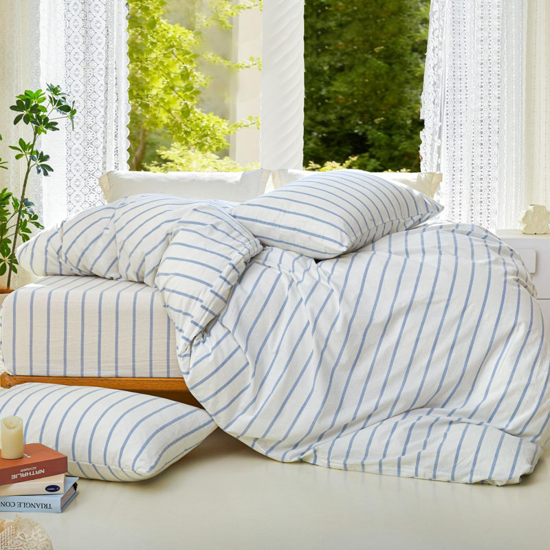 Ensemble de housse de couette à rayures 100% coton lavé DONEUS, ensemble de literie texturé 3 pièces avec fermeture à glissière