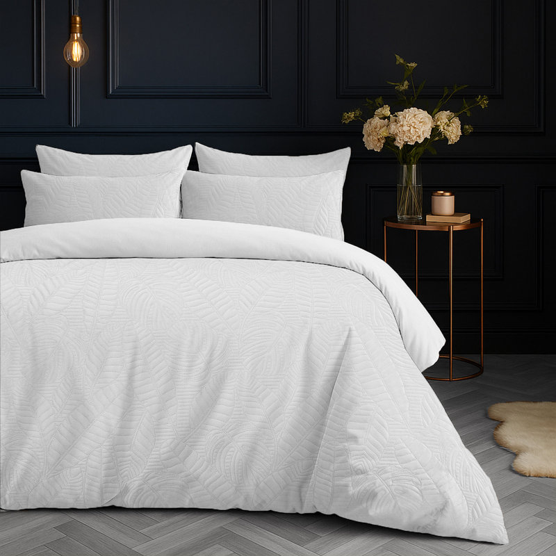 Velvet Embossed Leaf Pattern Savannah Duvet Set, White, Double Duvet Cover + 2 Pillowcases