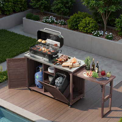 Outdoor Kitchen Island With Foldable Grill Table, Trash Can Storag, Stainless Steel Top, Large Storage Cabinet And Open Shelves