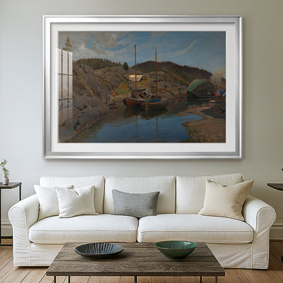 Bateaux sur le rivage - Hans Gude - reproduction encadrée avec passe-partout et verre - c. 1870