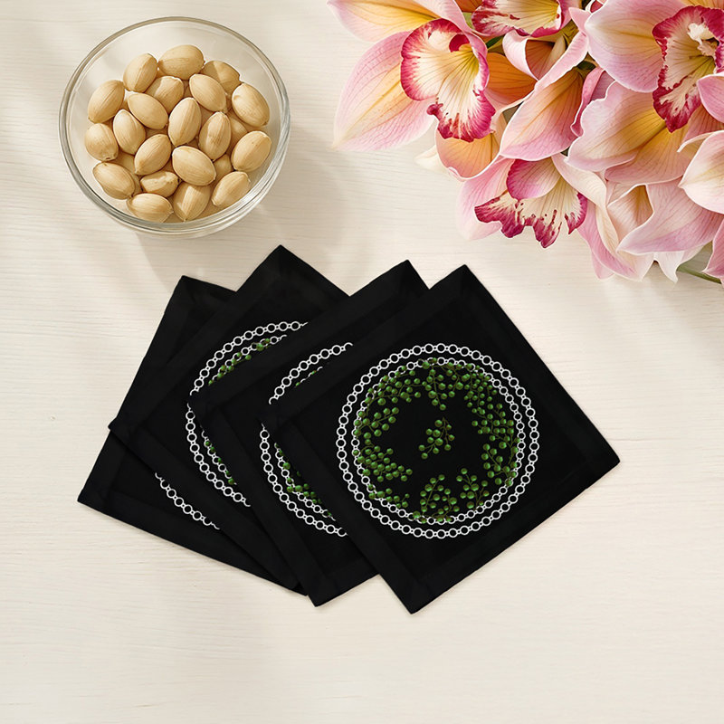 Christmas Berries Cotton Sateen Cocktail Napkins, Green Black
