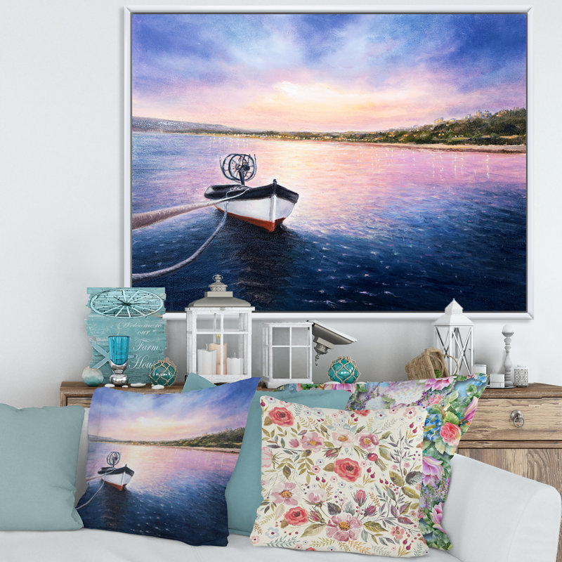 Bateau de pêche par le rivage pendant un coucher de soleil vibrant - peinture sur toile, H 12 po x l 20 po x p 1 po