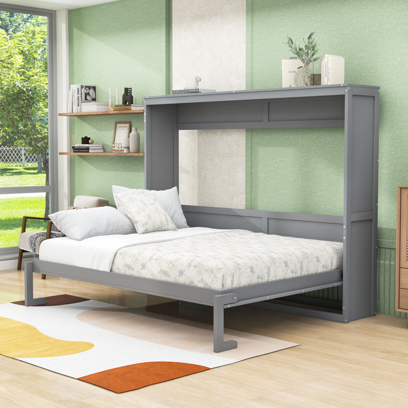 Lit escamotable en bois avec mécanisme de pliage à double piston, Gris, Grand lit