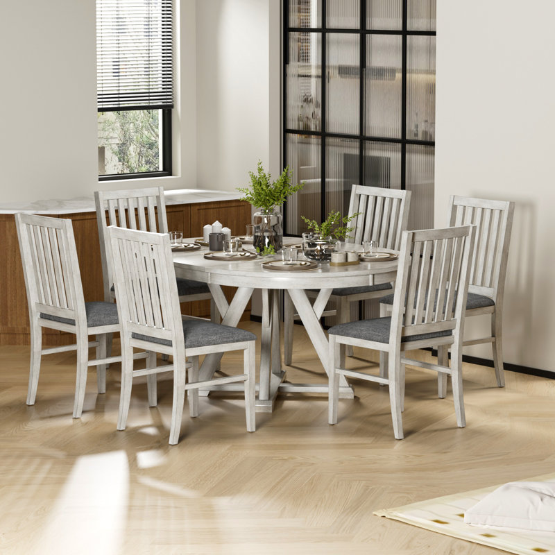  Ensemble de table de salle à manger extensible 7 pièces avec 6 chaises rembourrées, ensemble de table de cuisine ovale / ronde en bois massif et chaises, ensemble de table de salle à manger de style campagne moderne de style Mid-Century