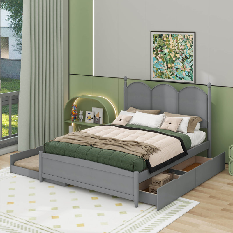 Lit plateforme grand avec 2 tiroirs, lit gigogne simple TG, Gris