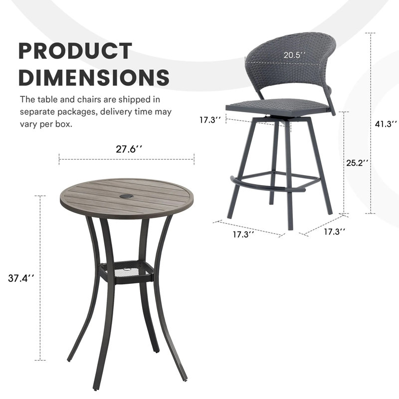 3 Pieces Outdoor Bar Set With Swivel Bar Stools, Gray/Gray