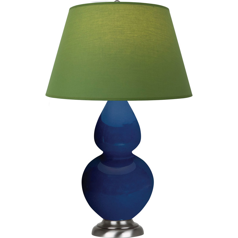 Lampe de table double gourde en céramique, Thé vert / taupe, Cobalt émaillé / argent antique, Argent argent