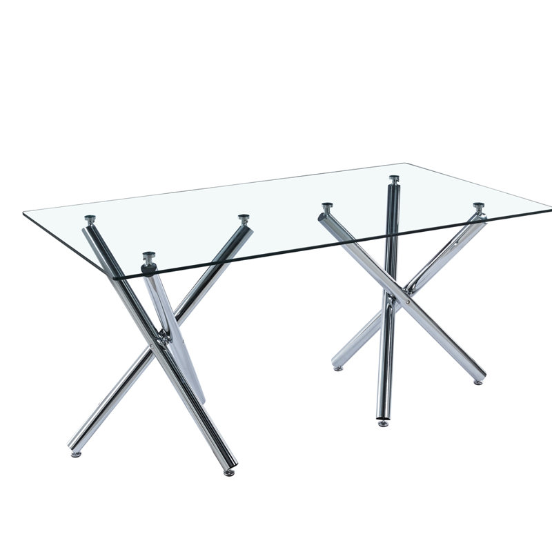 Table de salle à manger rectangulaire en verre trempé avec base double en acier inoxydable, design d'intérieur de salle à manger moderne, pour 6 personnes