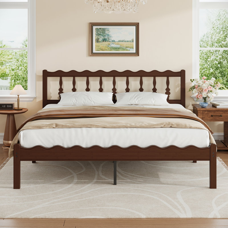 Walnut Finish Solid Wood King Bed Frame With Wavy Headboard, No Box Spring Needed, Bamboo & Metal, King