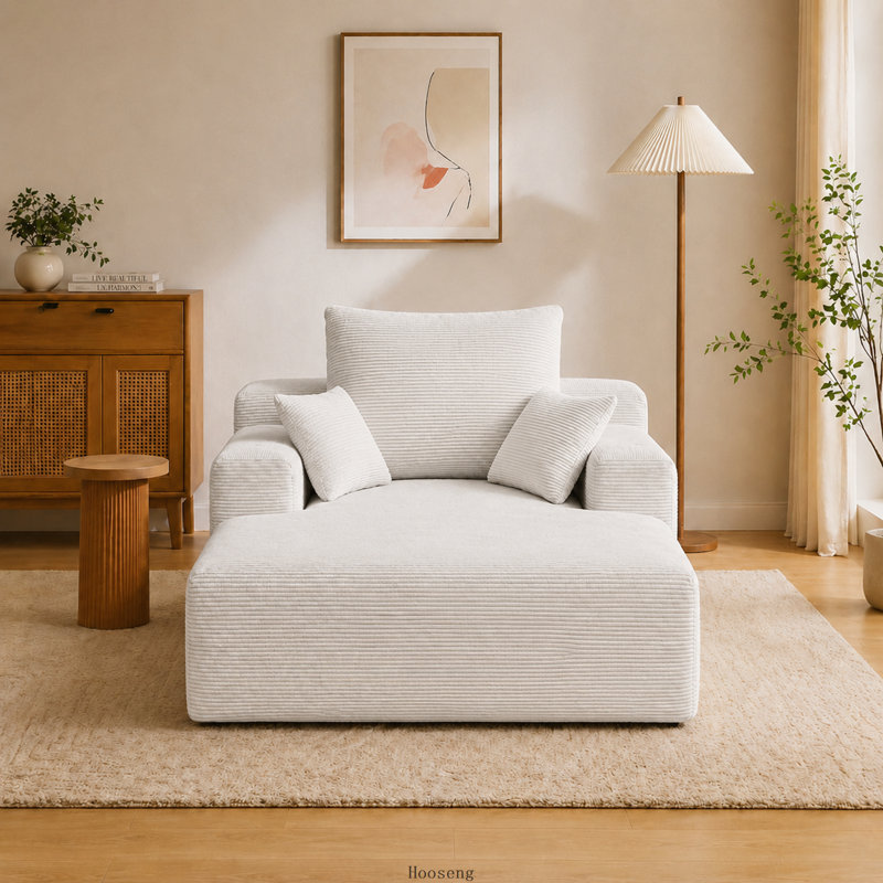 Canapé méridienne en velours côtelé de 182 cm (71,65 pouces) avec porte-gobelets et poche de rangement, assise profonde surdimensionnée, beige