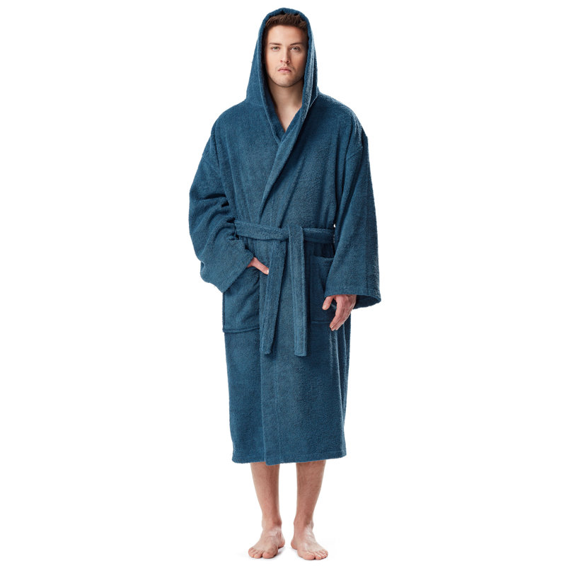 Peignoir mi-mollet 100% coton avec poches et capuche Clyda, Petit / Moyen, Bleu océan