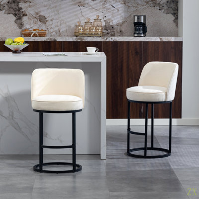 Counter Height Bar Stools Set Of 2, Modern Barrel Counter Stools With Backrest, Linen Fabric Upholstered Accent Bar Stools For Kitchen Island