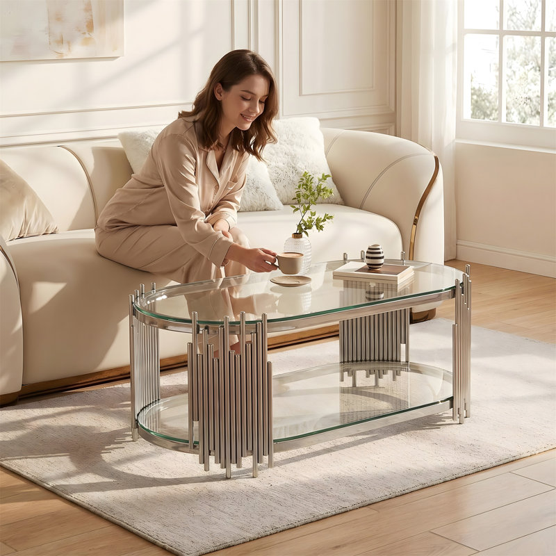 Table basse ovale avec tablettes en verre trempé à 2 niveaux, Clear / Silver