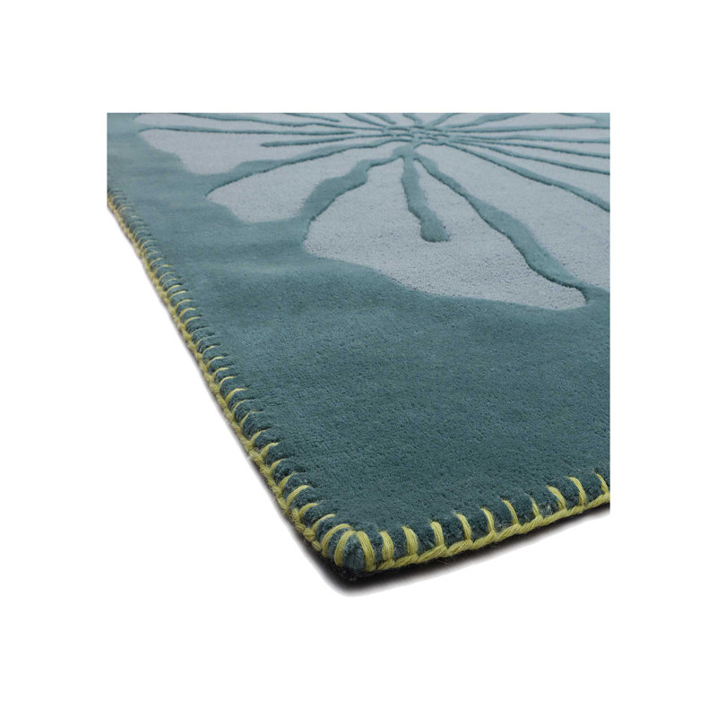 Tapis floral bleu sarcelle en laine touffeté à la main, Tapis de couloir 2 pi 6 po x 12 pi