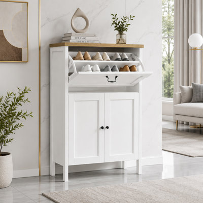 Armoire à chaussures étroite pour entrée avec tiroir rabattable, porte-bottes et 6 pinces à chaussures, tablette réglable pour rangement organisé