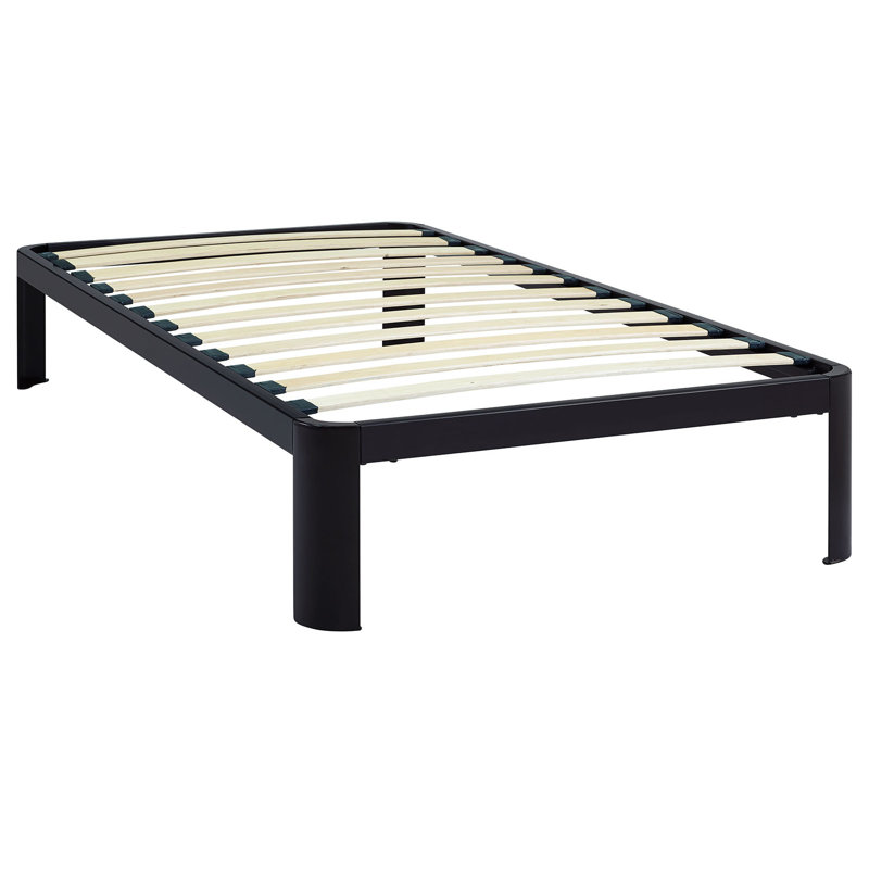 Gray Twin Metal Bed Frame with Slats and Drawer