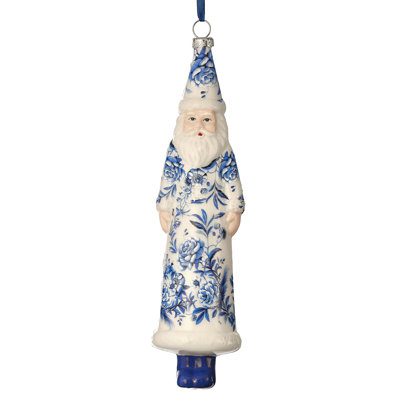 8" Glass Floral Print Santa Ornament