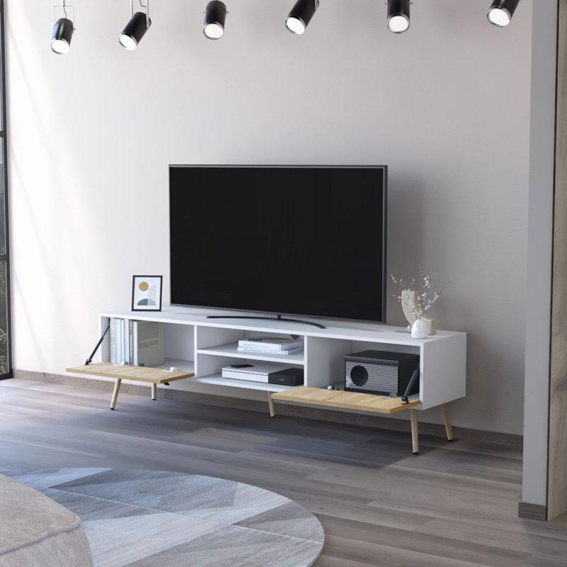 Meuble télé, rangement spacieux avec 2 tiroirs à charnières et tablettes ouvertes