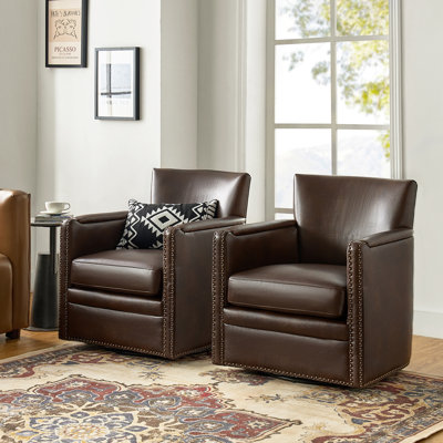 Sandra 29'' Wide Genuine Leather Swivel Chair (Set Of 2)