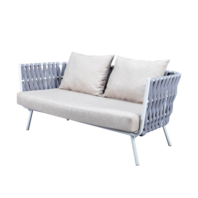 Gavin 64.17'' Wide L-Shaped Iron Loveseat with Cushions, Light Grey Frame/Beige Cushion