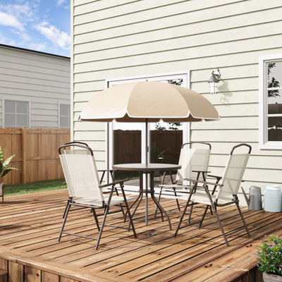 Salle à manger d'extérieur beige pour 4 personnes - avec parasol. Table ronde en verre, chaises pliantes. Idéal pour patio, jardin, parasol pour meubles de jardin, table et chaises, rassemblements tempérés