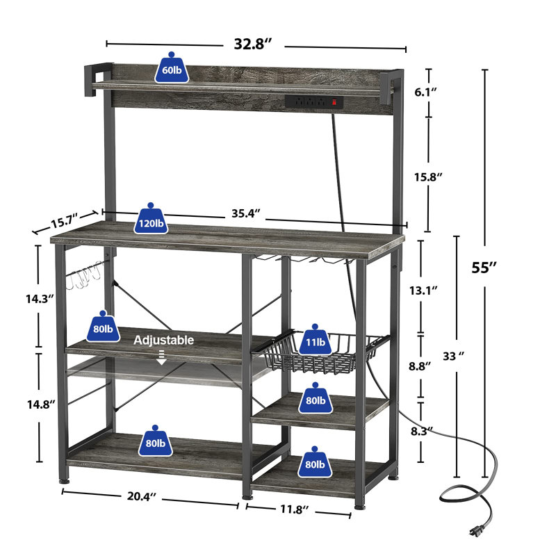 Étagère de boulanger standard 35,4 po en acier inoxydable compatible avec les micro-ondes, Chêne noir