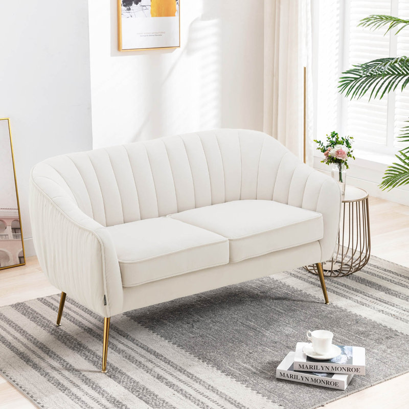Velvet Sofa Couch With Gold Finished Legs, Beige