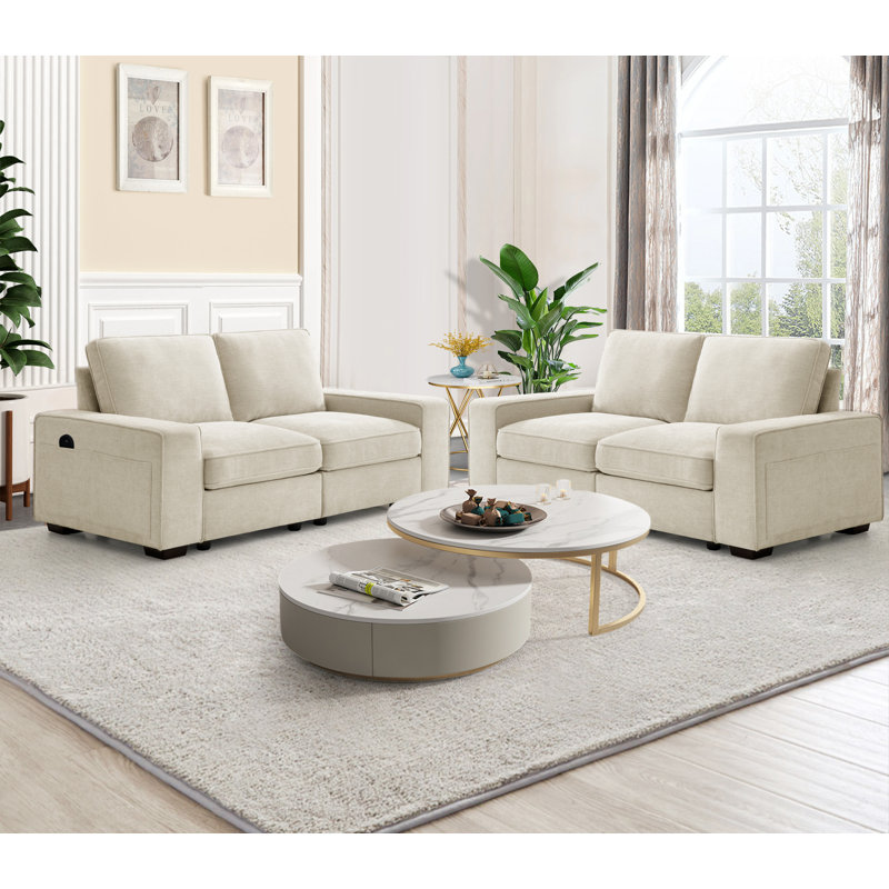 Modern Modular Chenille Sectional Sofa Set with Storage and USB Charging Port for Living Room and Apartment, 6, Beige