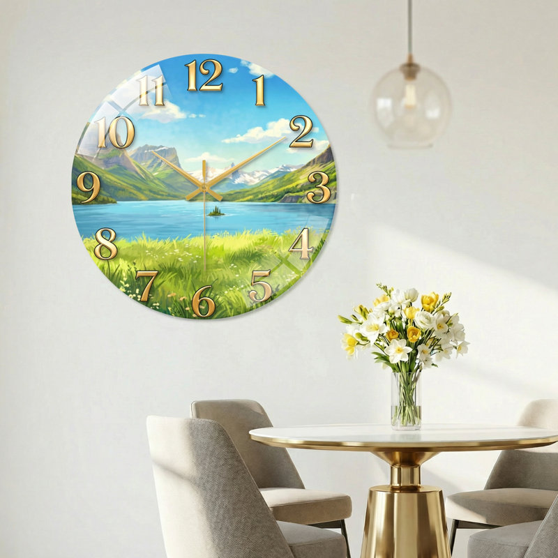 "Mountain Lake", horloge murale en verre, 60 x 60 cm (23,6 x 23,6 pouces)