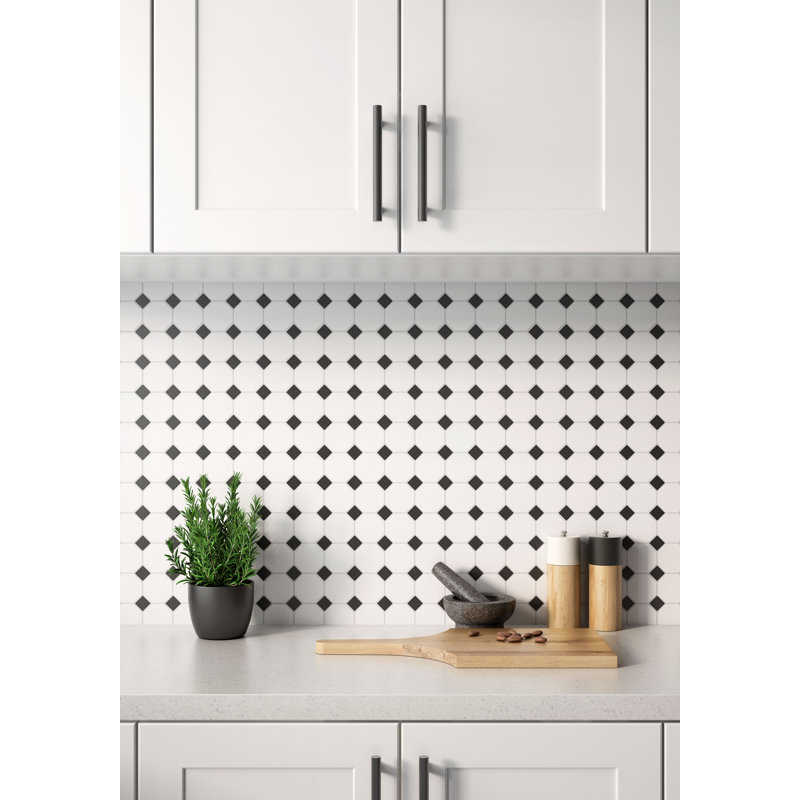Matte 2x2" White Porcelain Octagon and dot 12x12 Mosaic - Wall & Floor Mosaic tile (set of 20 sheets), White Black