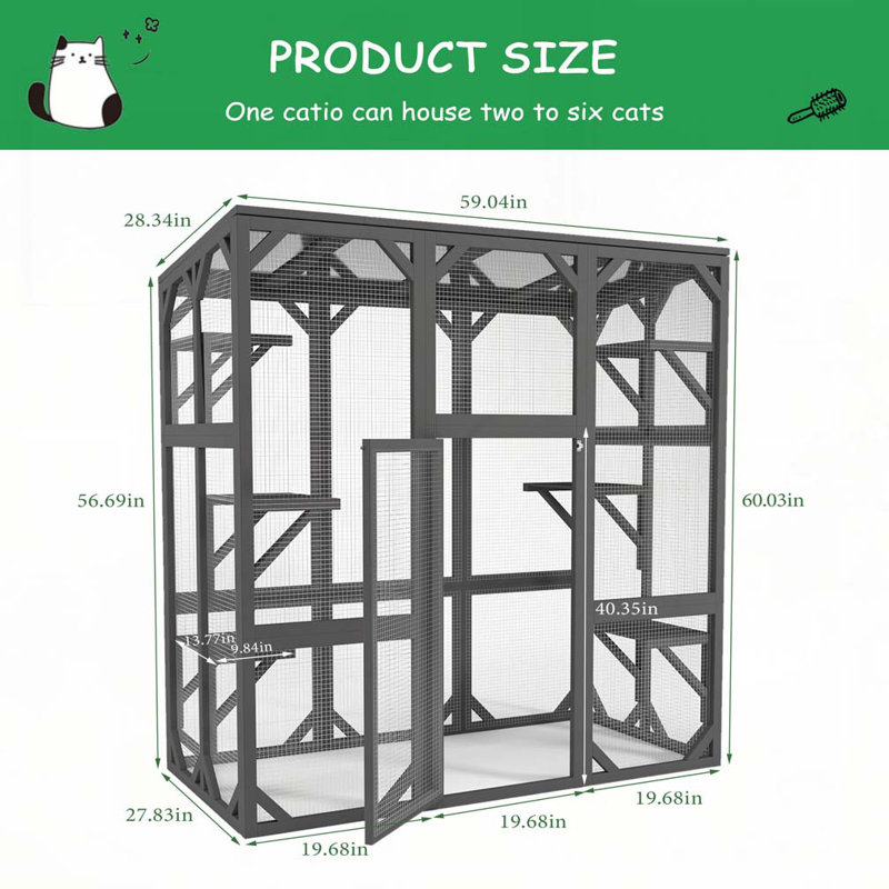 Grande cage à chat en bois pour chat avec plusieurs plates-formes, grande porte d'entrée, toit imperméable gris 60 po