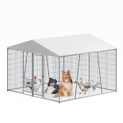 10X10 Ft Outdoor Dog Cage With Full Coverage Waterproof Roof, Secure Locked Wire Mesh, Feeding Basin, Iron Pipe Frame, Comfortable Living Space For Dogs, 120 In Width, 82.63 Height Enclosure Bowl,