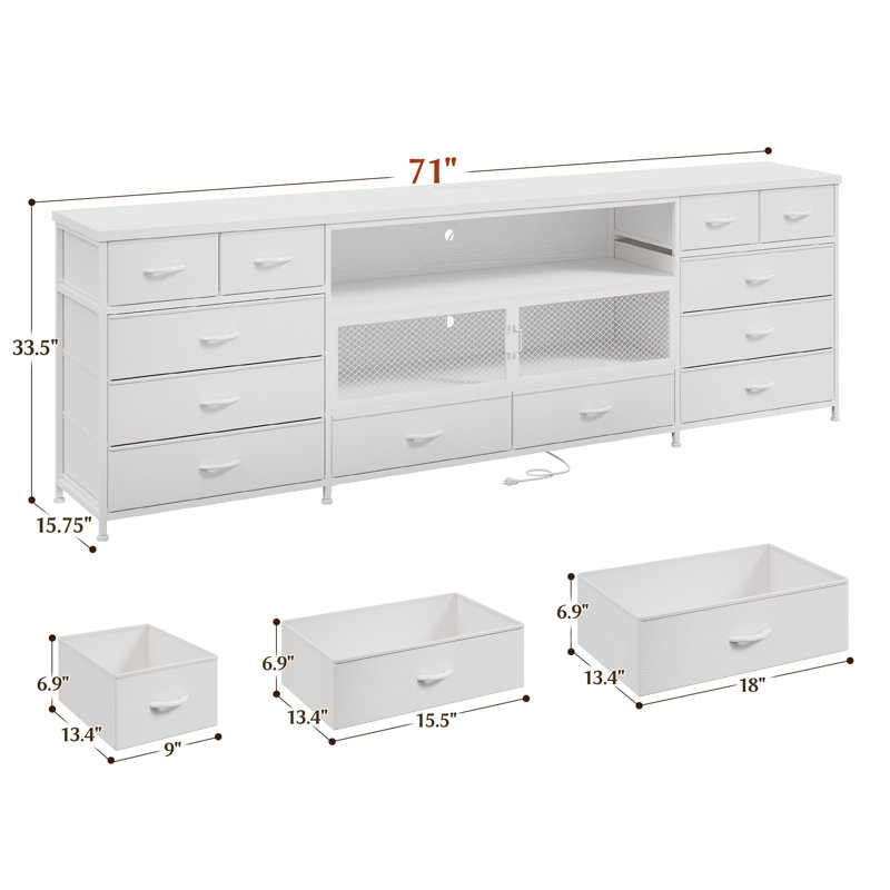 71"w Modern Tv Stand With 14 Drawers, Led Lighting & Built-in Power Outlets For 65/75/80 Inch Tvs, Fabric Storage Dresser With Mesh Door Compartments