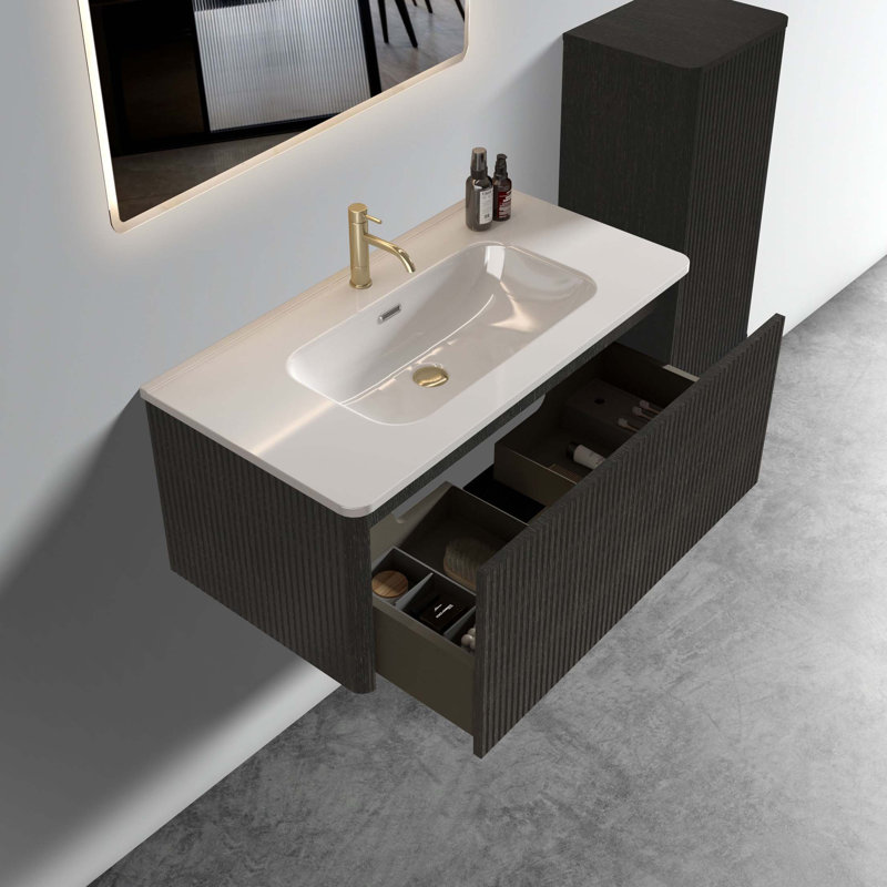 Meuble-lavabo flottant rayé brossé avec lavabo en céramique, meuble-lavabo pour salle de bain moderne, pré-assemblé, Noir